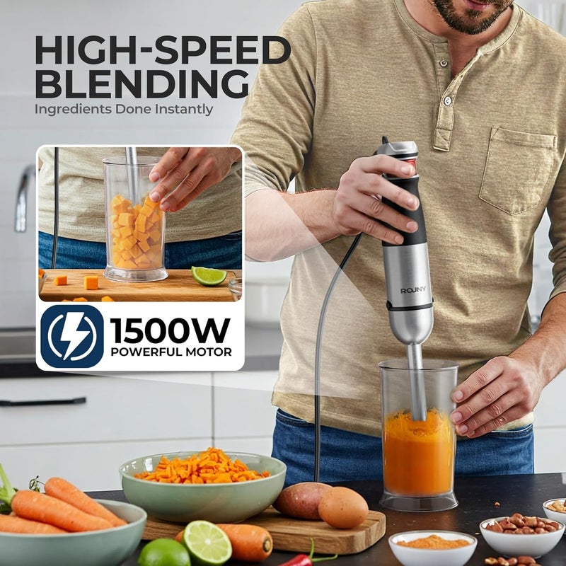 ROUNY Safe silicone build Immersion Hand Blenders,6 in 1 Immersion Blender Handheld,1500W Steel Stick Blender,12 Speed and Turbo Mode, Whisk, Beaker, Masher, Milk Frother, 2-Cup Food Processor for Kitchen and Food Local & cross border ship compatible - Image 3