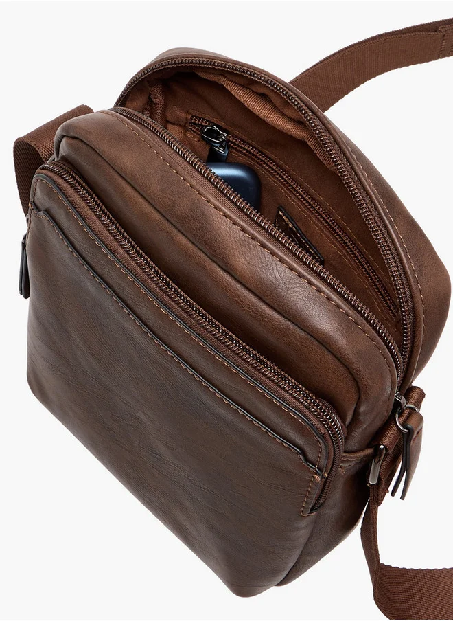 LBL by Shoexpress Men's Textured Crossbody Bag with Zip Closure and Adjustable Strap