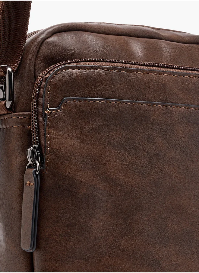 LBL by Shoexpress Men's Textured Crossbody Bag with Zip Closure and Adjustable Strap