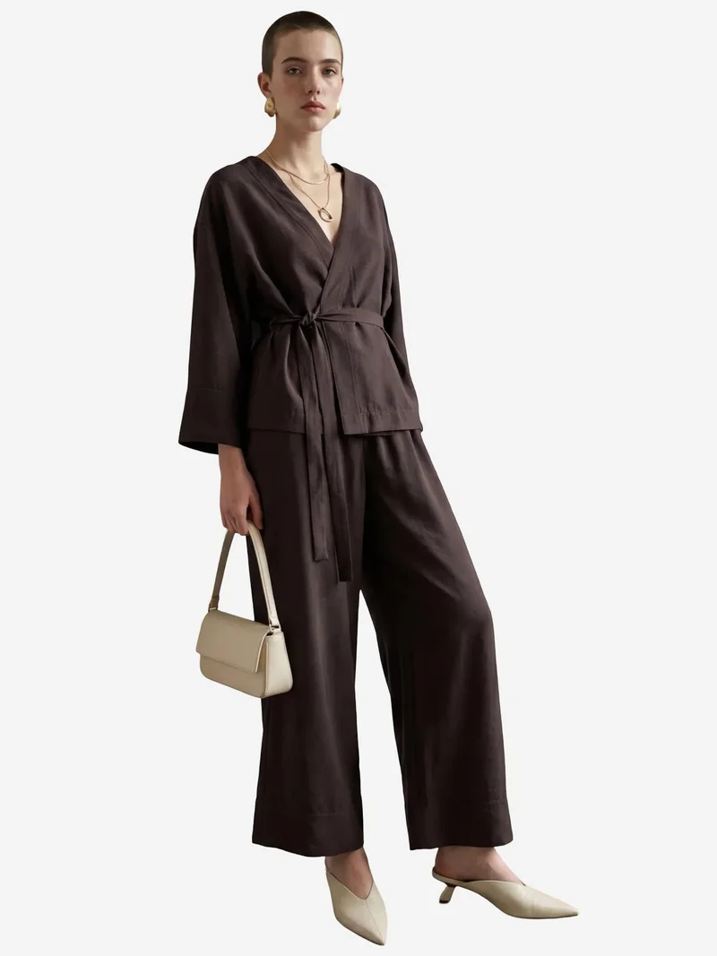 ماي فاشن MY FASHION Belted V-neck Long Sleeve Two-Piece Set