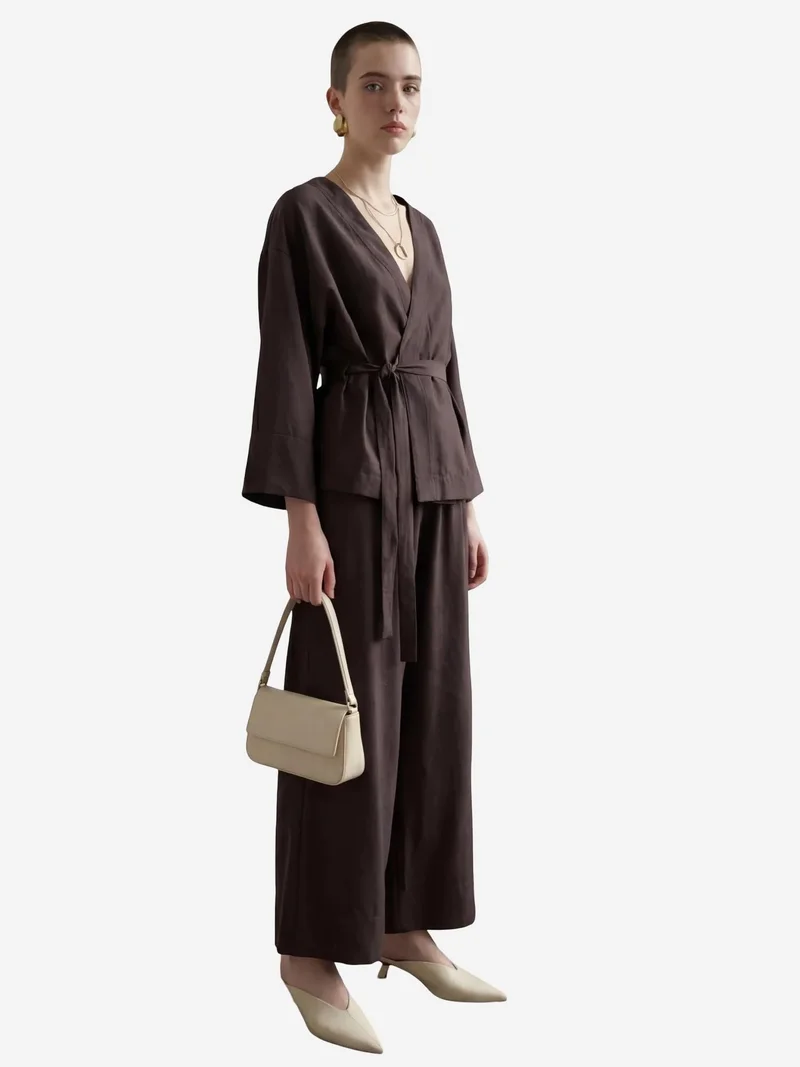 My Fashion Coffee Brown MY FASHION Belted V-neck Long Sleeve Two-Piece Set for Women | Best Price UAE