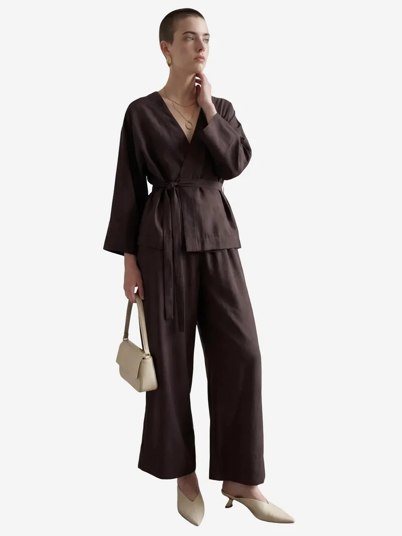 My Fashion Coffee Brown MY FASHION Belted V-neck Long Sleeve Two-Piece Set for Women | Best Price UAE