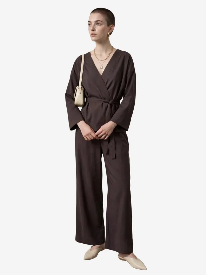 ماي فاشن MY FASHION Belted V-neck Long Sleeve Two-Piece Set