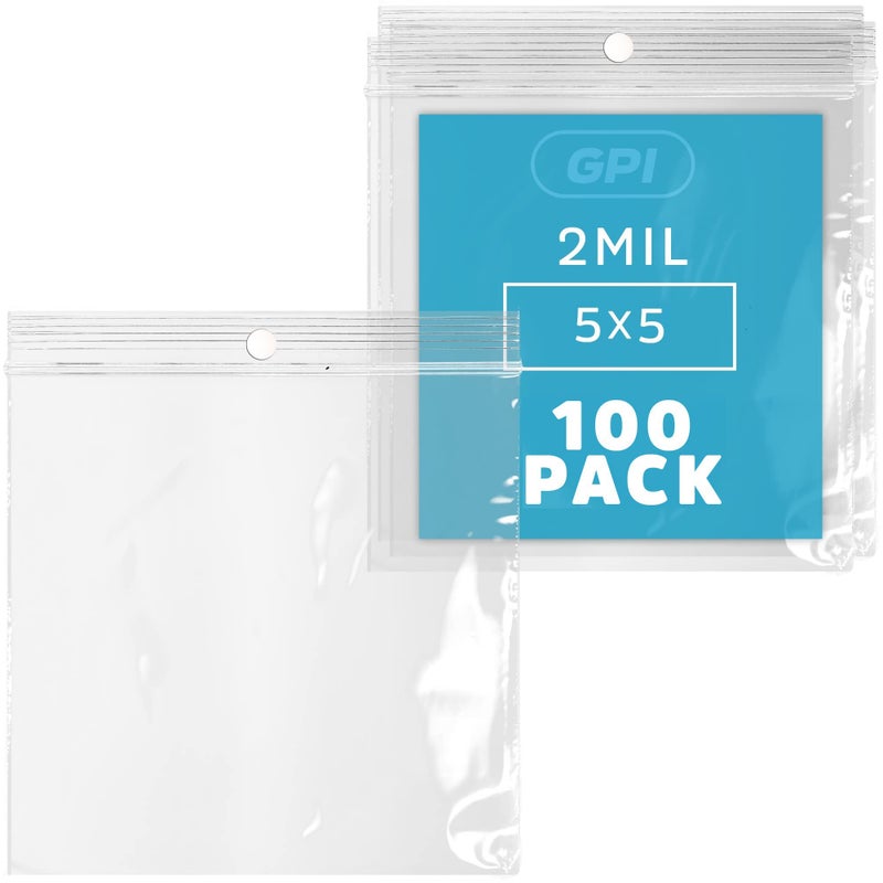 GPI POLY GPI - 5" x 5" - 100 Pack, 2 Mil thick, Clear Plastic Reclosable Zip Bags, Hang Hole For Display, Durable Poly Baggies with Resealable Zip Top Lock for Storage, Packaging & Shipping - Image 1