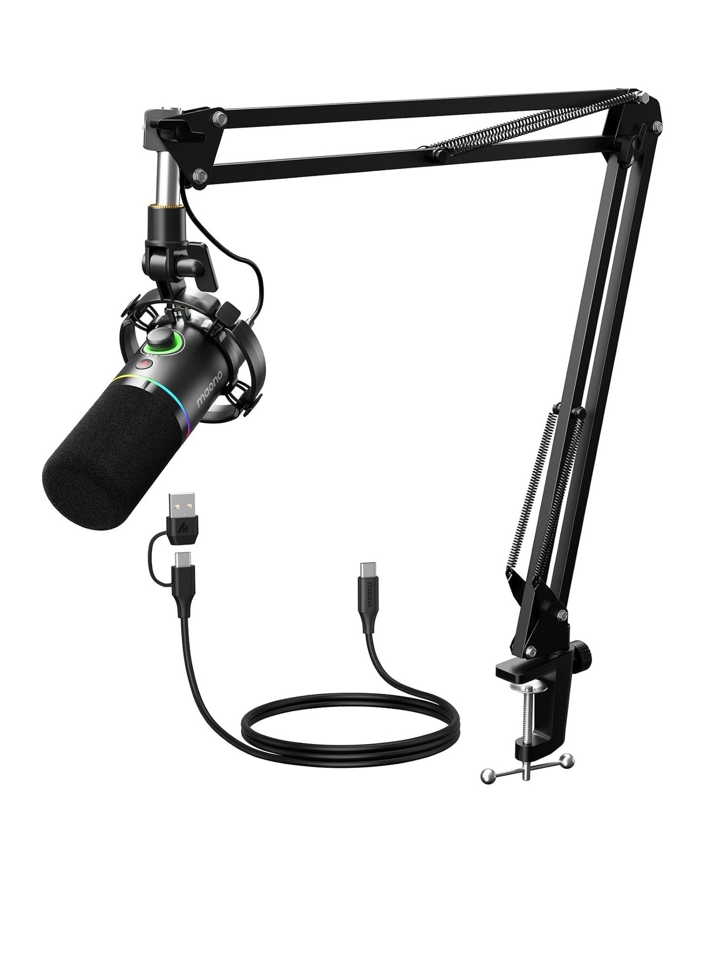MAONO PD200XS XLR/USB Dynamic RGB Microphone Kit with Boom Arm, Mute, Gain Knob, Volume Control & Software – Black