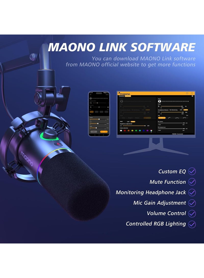 MAONO PD200XS XLR/USB Dynamic RGB Microphone Kit with Boom Arm, Mute, Gain Knob, Volume Control & Software – Black - Image 3