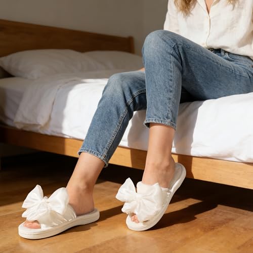 ULTRAIDEAS Women's Fuzzy Plush Open-Toe Slippers with Large Velvet Bow House Slides Slippers, Fur White, 7-8 - Image 2