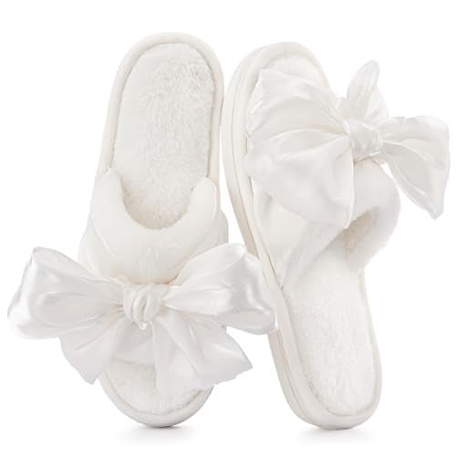 ULTRAIDEAS Women's Fuzzy Plush Open-Toe Slippers with Large Velvet Bow House Slides Slippers, Fur White, 7-8 - Image 1