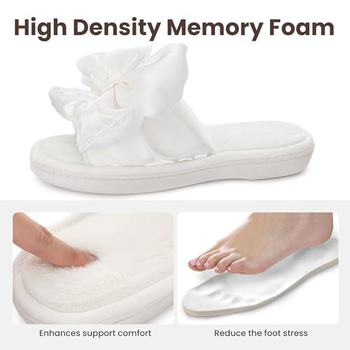 ULTRAIDEAS Women's Fuzzy Plush Open-Toe Slippers with Large Velvet Bow House Slides Slippers, Fur White, 7-8 - Image 4
