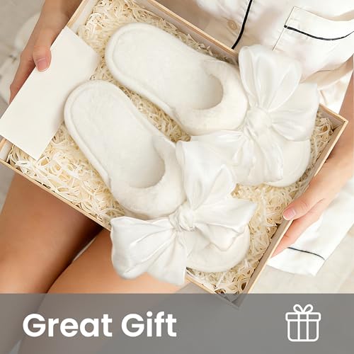 ULTRAIDEAS Women's Fuzzy Plush Open-Toe Slippers with Large Velvet Bow House Slides Slippers, Fur White, 7-8 - Image 5