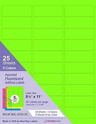NextDayLabels Assorted Fluorescent Address Labels | 5 Colors - Green, Orange, Blue, Yellow and Pink | 5 Sheets of Each Color | 1" x 2-5/8" - 30 Per Page, from NextDayLabels | 750 Labels - Image 2