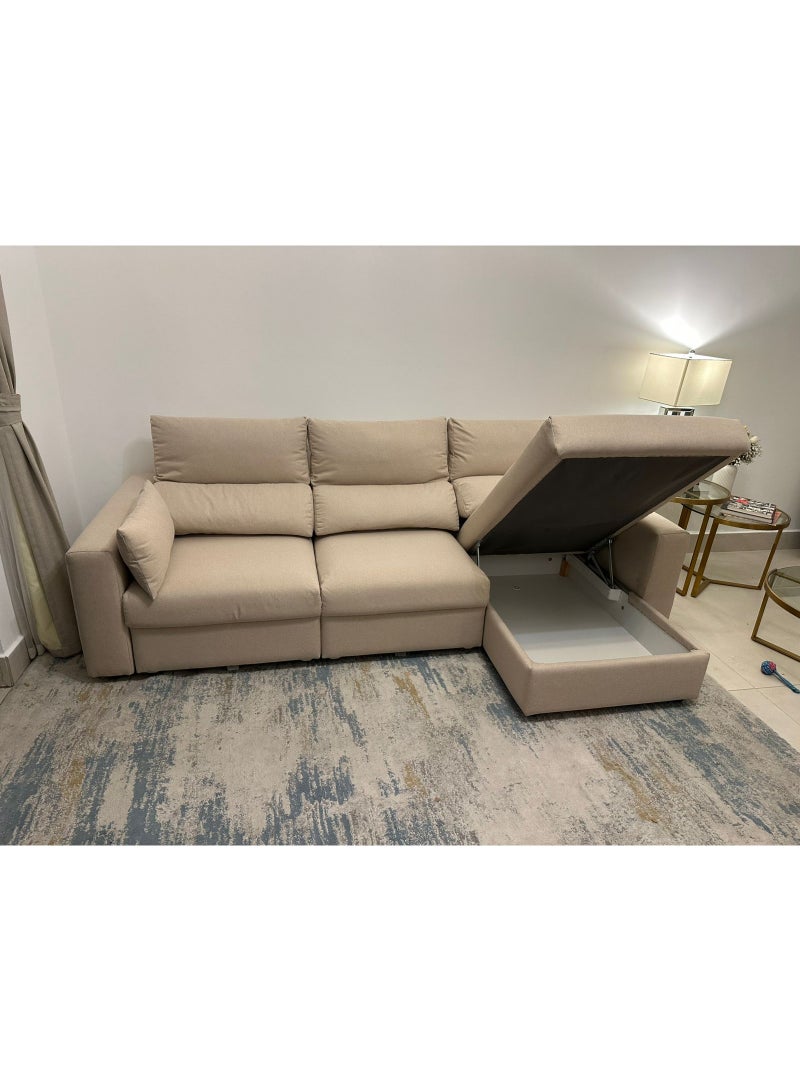 L-Shaped 3-Seater Sofa, Modern Beige Linen Sectional Couch with Side Storage Pocket & Soft Cushion, Space-Saving Corner Sofa for Living Room, Apartment, Office, Bedroom, Guest Room, Home Furniture (Beige) - Image 2