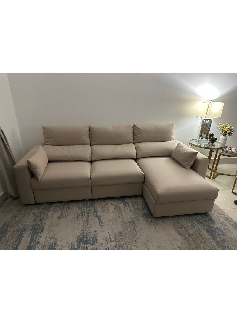 L-Shaped 3-Seater Sofa, Modern Beige Linen Sectional Couch with Side Storage Pocket & Soft Cushion, Space-Saving Corner Sofa for Living Room, Apartment, Office, Bedroom, Guest Room, Home Furniture (Beige) - Image 1