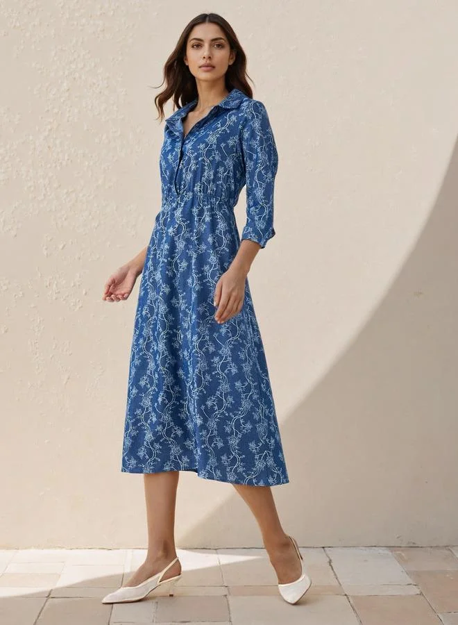 Splash FAV Midi Denim Shirt Dress with Floral Print