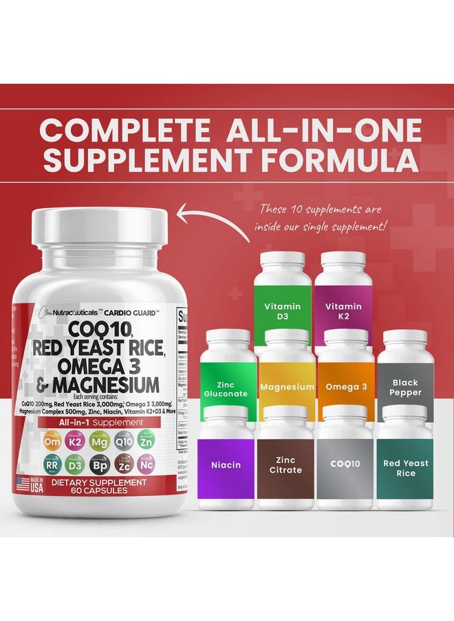 Clean Nutraceuticals - Coq10 200Mg Red Yeast Rice 3000Mg Omega 3 3000Mg Magnesium Complex 500Mg Niacin Zinc Vitamin K2 D3 Heart Health Support Vitamins For Women And Men With Vitamin B3 Coenzyme Q10 Made In Usa 60 Caps - Image 1