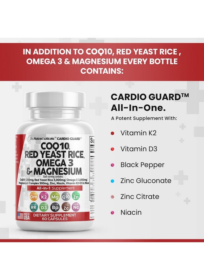Clean Nutraceuticals - Coq10 200Mg Red Yeast Rice 3000Mg Omega 3 3000Mg Magnesium Complex 500Mg Niacin Zinc Vitamin K2 D3 Heart Health Support Vitamins For Women And Men With Vitamin B3 Coenzyme Q10 Made In Usa 60 Caps - Image 1