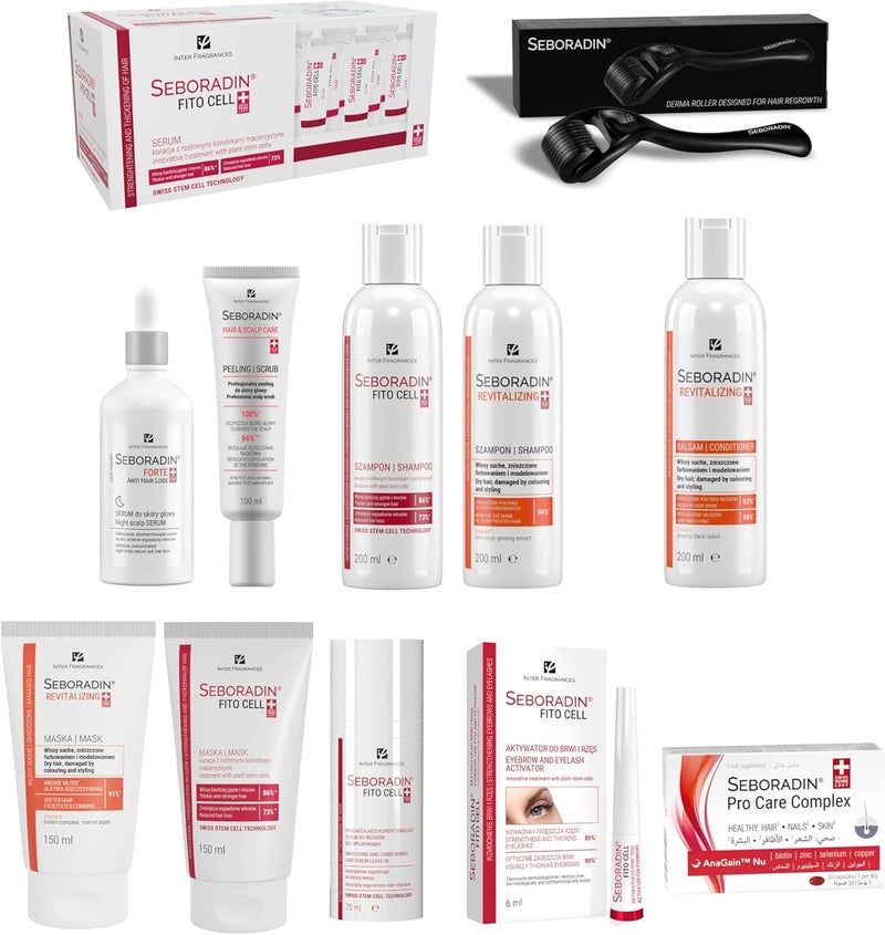 SEBORADIN Maria White Set PRO Dermaroller Professional Peeling Fito Cell Serum 15 x 6g Shampoo x2 Mask Eyebrow and Eyelash Activator 6 ml Revitalizing Mask Conditioner Vitamins