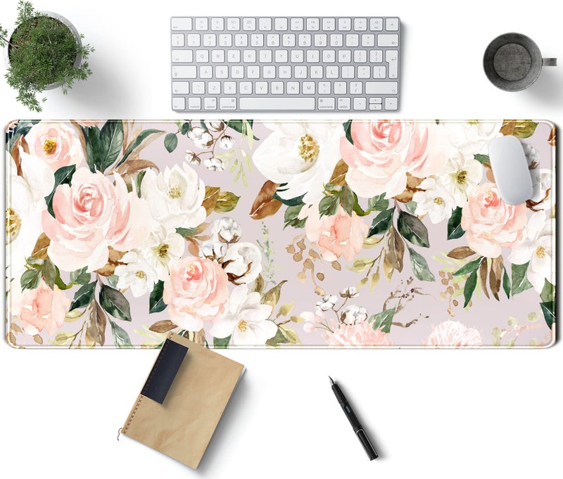 TENG DA QING Pink Flowers Keyboard Pad PC Gaming Desk Mat Desk Mouse Pads Green Leaves Floral Mouse Pad Large, Computer XL Big Mousepad Deskpad Mat with Stitched Edge for Women Home Office Decor 31.5x11.8 in - Image 1