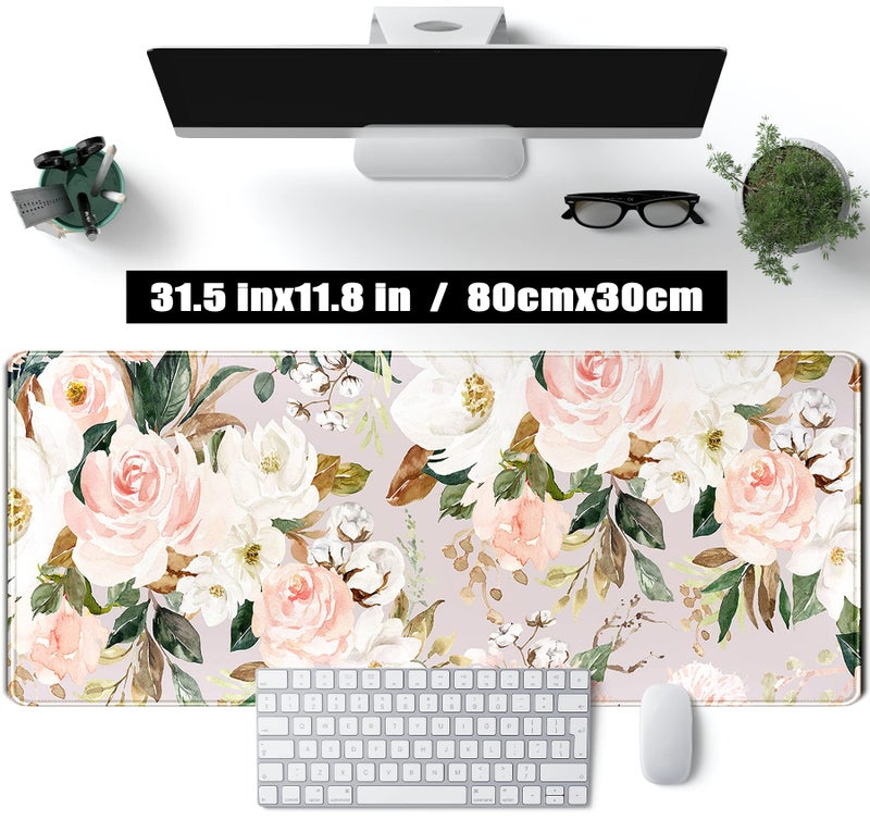 TENG DA QING Pink Flowers Keyboard Pad PC Gaming Desk Mat Desk Mouse Pads Green Leaves Floral Mouse Pad Large, Computer XL Big Mousepad Deskpad Mat with Stitched Edge for Women Home Office Decor 31.5x11.8 in - Image 2