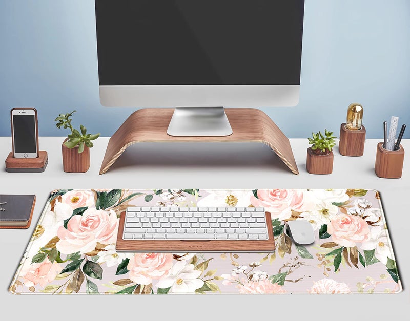 TENG DA QING Pink Flowers Keyboard Pad PC Gaming Desk Mat Desk Mouse Pads Green Leaves Floral Mouse Pad Large, Computer XL Big Mousepad Deskpad Mat with Stitched Edge for Women Home Office Decor 31.5x11.8 in - Image 5