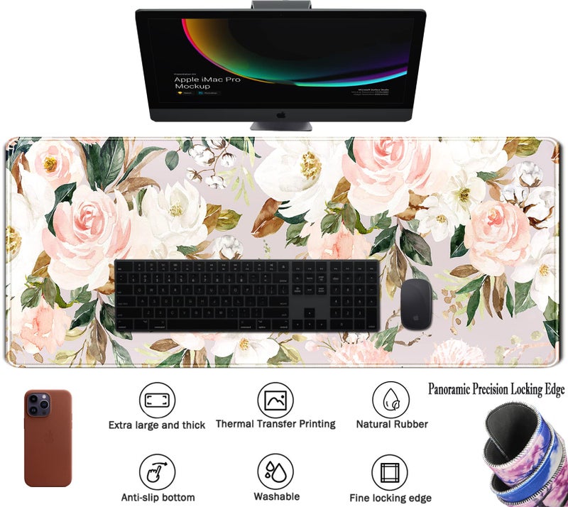 TENG DA QING Pink Flowers Keyboard Pad PC Gaming Desk Mat Desk Mouse Pads Green Leaves Floral Mouse Pad Large, Computer XL Big Mousepad Deskpad Mat with Stitched Edge for Women Home Office Decor 31.5x11.8 in - Image 3