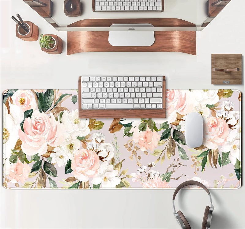 TENG DA QING Pink Flowers Keyboard Pad PC Gaming Desk Mat Desk Mouse Pads Green Leaves Floral Mouse Pad Large, Computer XL Big Mousepad Deskpad Mat with Stitched Edge for Women Home Office Decor 31.5x11.8 in - Image 4