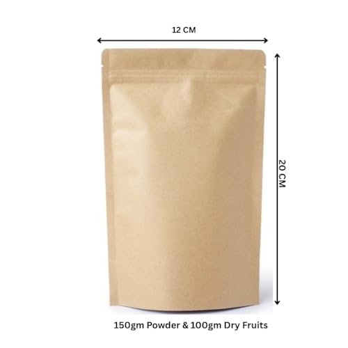 DEERA Kraft Paper Ziplock Stand Up Pouch 120x200mm, Upto 150gms, Pack of 100 - Image 2