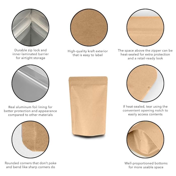 DEERA Kraft Paper Ziplock Stand Up Pouch 120x200mm, Upto 150gms, Pack of 100 - Image 4