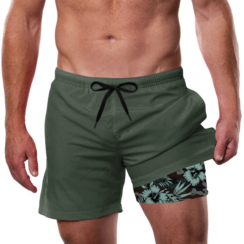 Cozople Compression Lined Swim Trunks Hibiscus Graphic Bathing Suit Stretchy Swimwear No Chafe Swimming Beach Board Shorts for Casual Shorts with Pockets - Image 1