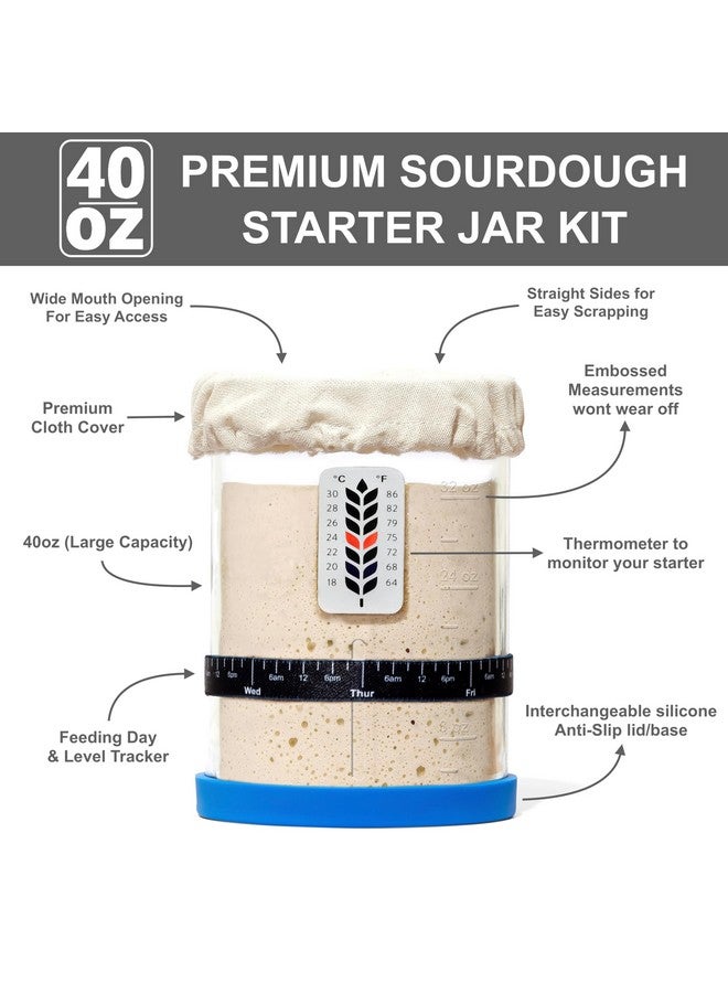 BALCI Premium Sourdough Starter Jar - 40oz Large Sourdough Jar with Marked Feeding Band, Thermometer, Scraper, Cloth Cover and Silicone Lid/Base, Wide Mouth Starter Kit - Blue - Image 4