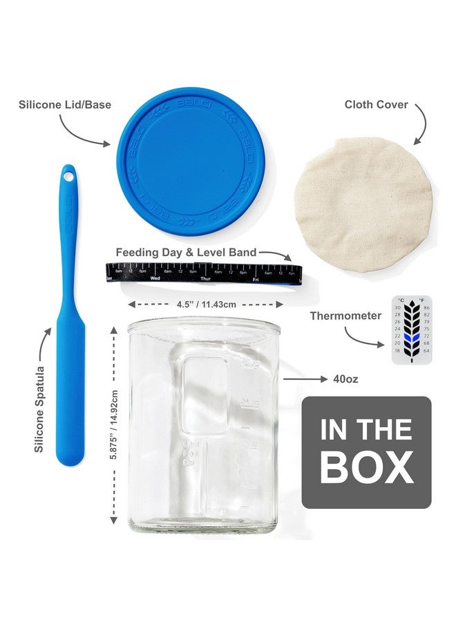 BALCI Premium Sourdough Starter Jar - 40oz Large Sourdough Jar with Marked Feeding Band, Thermometer, Scraper, Cloth Cover and Silicone Lid/Base, Wide Mouth Starter Kit - Blue - Image 2