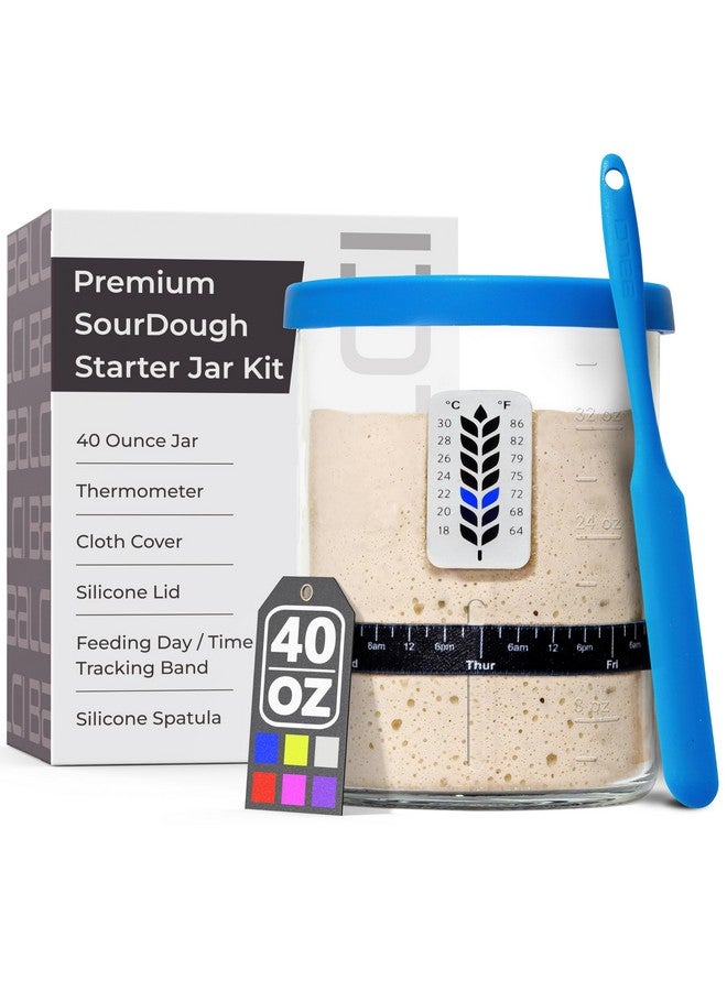BALCI Premium Sourdough Starter Jar - 40oz Large Sourdough Jar with Marked Feeding Band, Thermometer, Scraper, Cloth Cover and Silicone Lid/Base, Wide Mouth Starter Kit - Blue - Image 1