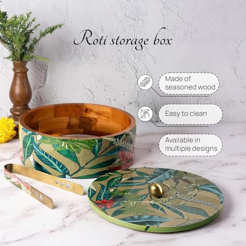 Nestroots Wooden Casserole for Roti 9-Inch & 1.6ML Hot Pot for Kitchen Printed Chapati Box with Stainless Steel Tong Green Hot Case Roti Box for Fresh & Warm Roti Durable & Stylish For Kitchen Storage - Image 4