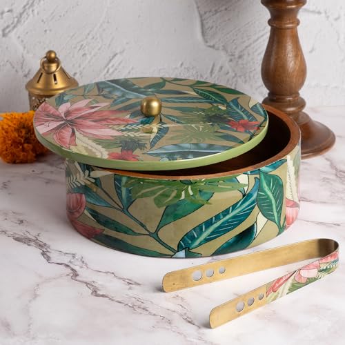 Nestroots Wooden Casserole for Roti 9-Inch & 1.6ML Hot Pot for Kitchen Printed Chapati Box with Stainless Steel Tong Green Hot Case Roti Box for Fresh & Warm Roti Durable & Stylish For Kitchen Storage - Image 1