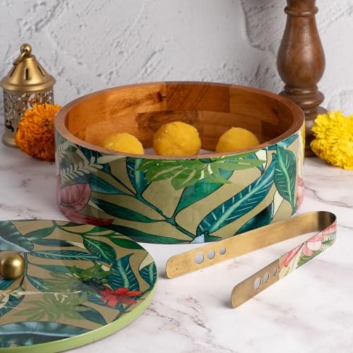 Nestroots Wooden Casserole for Roti 9-Inch & 1.6ML Hot Pot for Kitchen Printed Chapati Box with Stainless Steel Tong Green Hot Case Roti Box for Fresh & Warm Roti Durable & Stylish For Kitchen Storage - Image 2