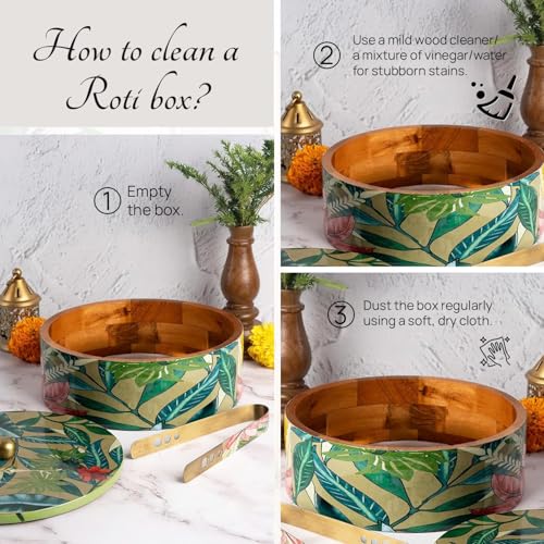 Nestroots Wooden Casserole for Roti 9-Inch & 1.6ML Hot Pot for Kitchen Printed Chapati Box with Stainless Steel Tong Green Hot Case Roti Box for Fresh & Warm Roti Durable & Stylish For Kitchen Storage - Image 5