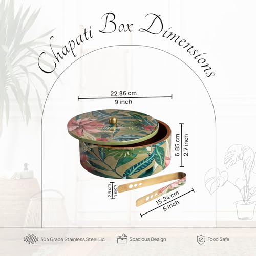 Nestroots Wooden Casserole for Roti 9-Inch & 1.6ML Hot Pot for Kitchen Printed Chapati Box with Stainless Steel Tong Green Hot Case Roti Box for Fresh & Warm Roti Durable & Stylish For Kitchen Storage - Image 3