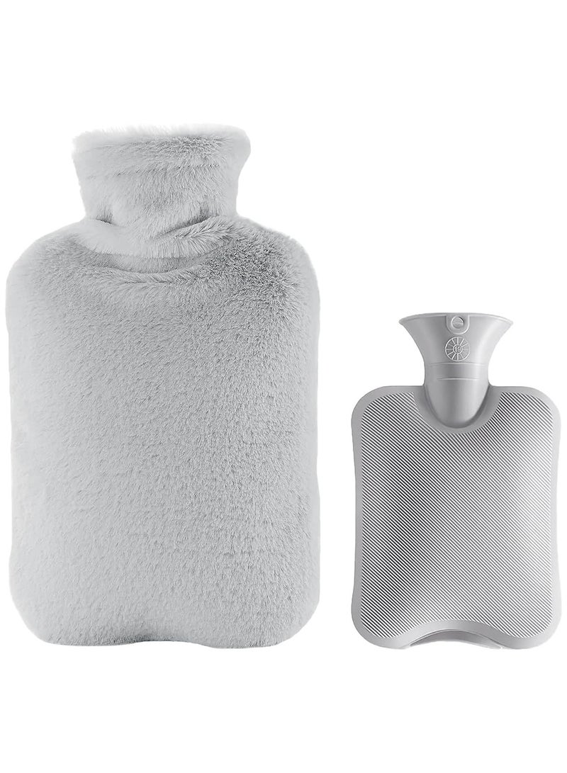 Yakiter Hot Water Bottle with Soft Fleece Cover, Hot Water Bag for Cold & Hot Therapy, Pain Relief, Back, Neck, Period Cramps (Grey) - Image 1