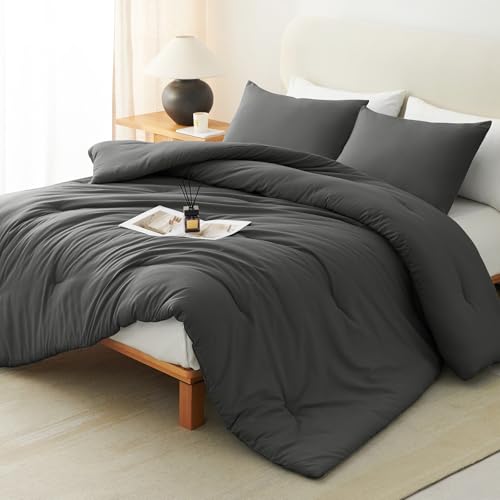 CozyLux King Size Comforter Set Dark Grey, 3 Pieces Solid Comforters King Size Breathable Bedding Sets, Dark Gray Luxury Soft Lightweight Bed Set with Down Alternative Comforter and 2 Pillowcases - Image 1