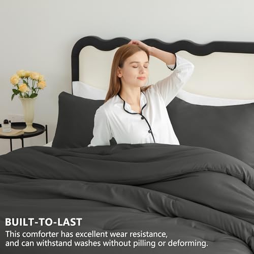 CozyLux King Size Comforter Set Dark Grey, 3 Pieces Solid Comforters King Size Breathable Bedding Sets, Dark Gray Luxury Soft Lightweight Bed Set with Down Alternative Comforter and 2 Pillowcases - Image 3