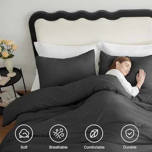 CozyLux King Size Comforter Set Dark Grey, 3 Pieces Solid Comforters King Size Breathable Bedding Sets, Dark Gray Luxury Soft Lightweight Bed Set with Down Alternative Comforter and 2 Pillowcases - Image 5