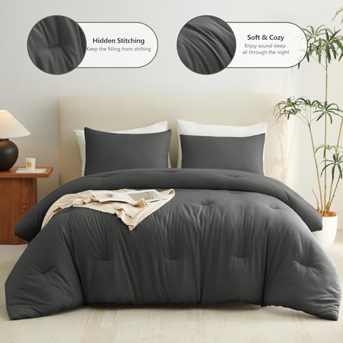 CozyLux King Size Comforter Set Dark Grey, 3 Pieces Solid Comforters King Size Breathable Bedding Sets, Dark Gray Luxury Soft Lightweight Bed Set with Down Alternative Comforter and 2 Pillowcases - Image 2