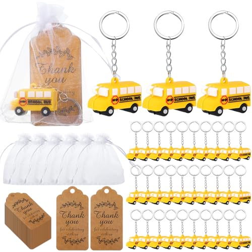 Equsion 12 Pcs School Bus Party Favors School Bus Keychain with White Organza Thank You Kraft Tags for Birthday Party Favors Backpack Key Decorations Classroom Rewards School Bus Theme Supplies - Image 1