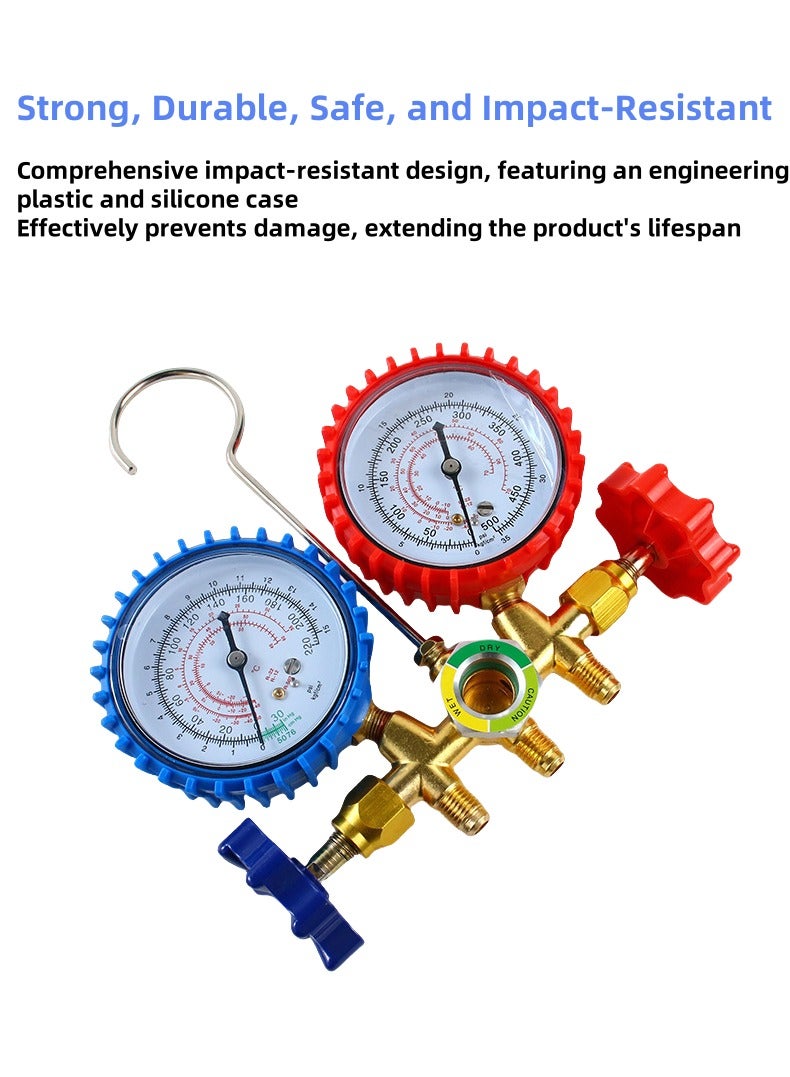 Air conditioning pressure gauge set, air conditioning refrigerant charging tool, brass double valve pressure gauge, air conditioning test connector with 1.2m three-color explosion-proof tube - Image 3