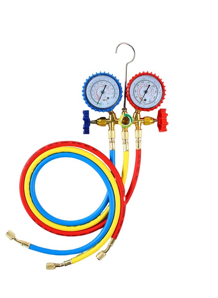 Air conditioning pressure gauge set, air conditioning refrigerant charging tool, brass double valve pressure gauge, air conditioning test connector with 1.2m three-color explosion-proof tube - Image 2