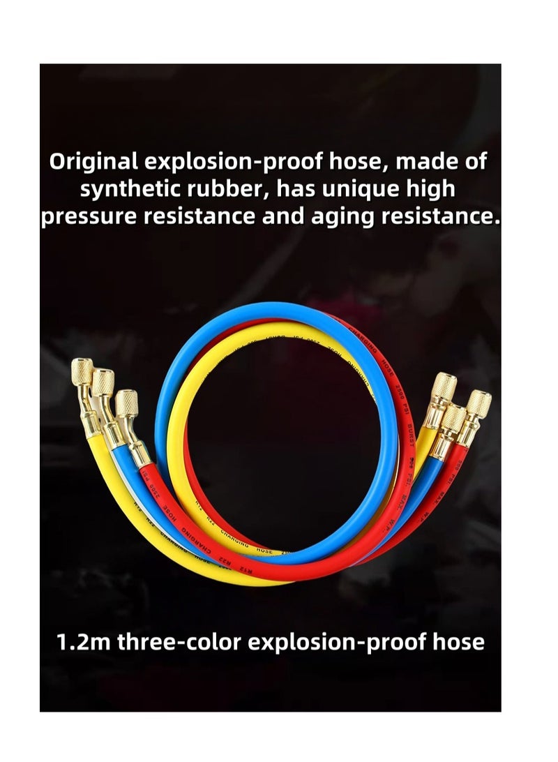 Air conditioning pressure gauge set, air conditioning refrigerant charging tool, brass double valve pressure gauge, air conditioning test connector with 1.2m three-color explosion-proof tube - Image 4