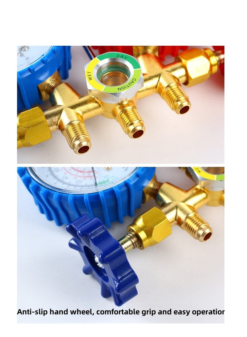Air conditioning pressure gauge set, air conditioning refrigerant charging tool, brass double valve pressure gauge, air conditioning test connector with 1.2m three-color explosion-proof tube - Image 5