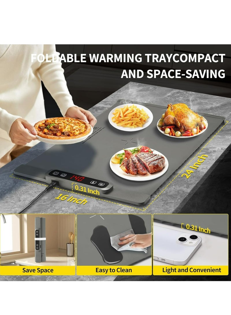 حصيرة تدفئة الطعام، صينية تدفئة كهربائية من السيليكون، 5 مستويات لدرجة الحرارة، مؤقت 4 ساعات، قفل أمان للأطفال، رمادي - Image 3
