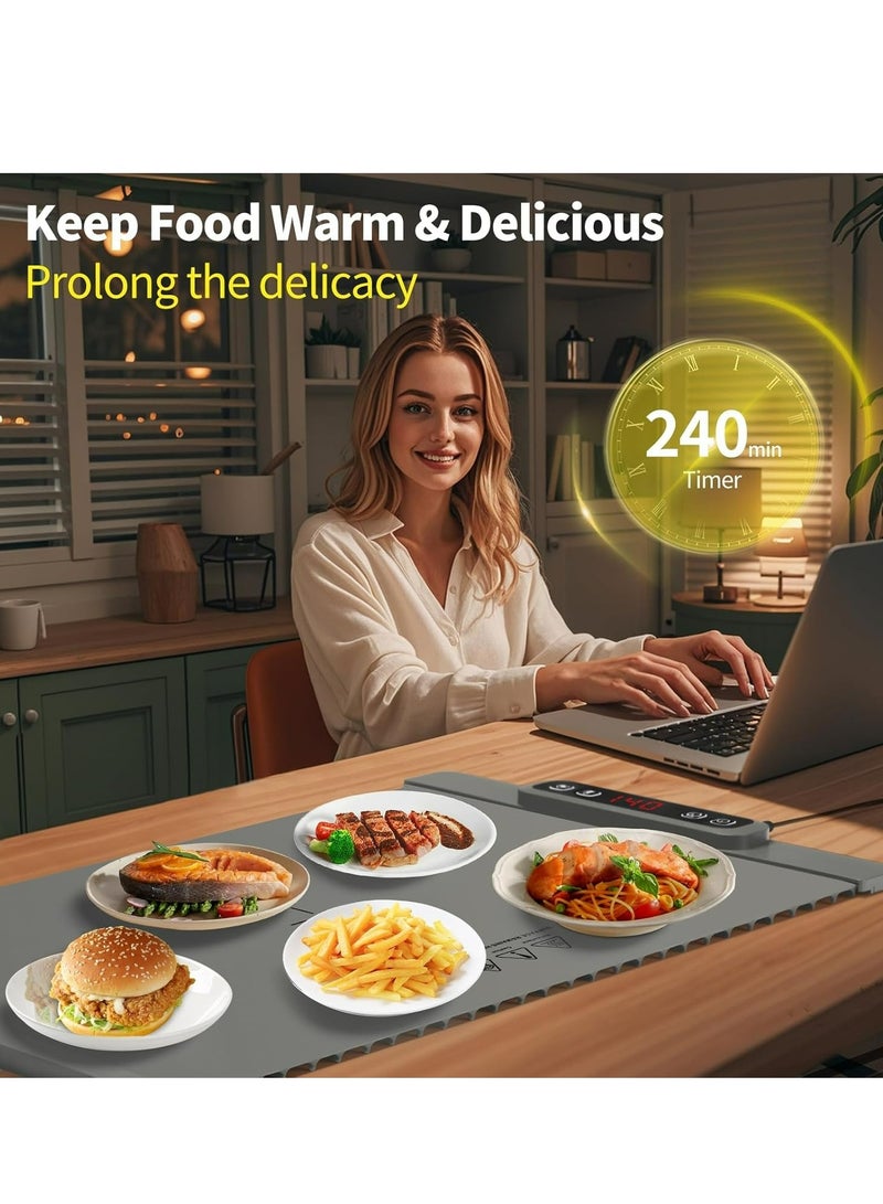 حصيرة تدفئة الطعام، صينية تدفئة كهربائية من السيليكون، 5 مستويات لدرجة الحرارة، مؤقت 4 ساعات، قفل أمان للأطفال، رمادي - Image 5