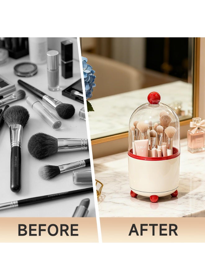 Makeup Brush Holder with Lid, Cosmetic Tools Organizer with Cover, 360° Rotating Sliding Opening Dustproof Brushes Container for Vanity, Ideal Gift for Girlfriend Wife Friends (Red) - Image 3
